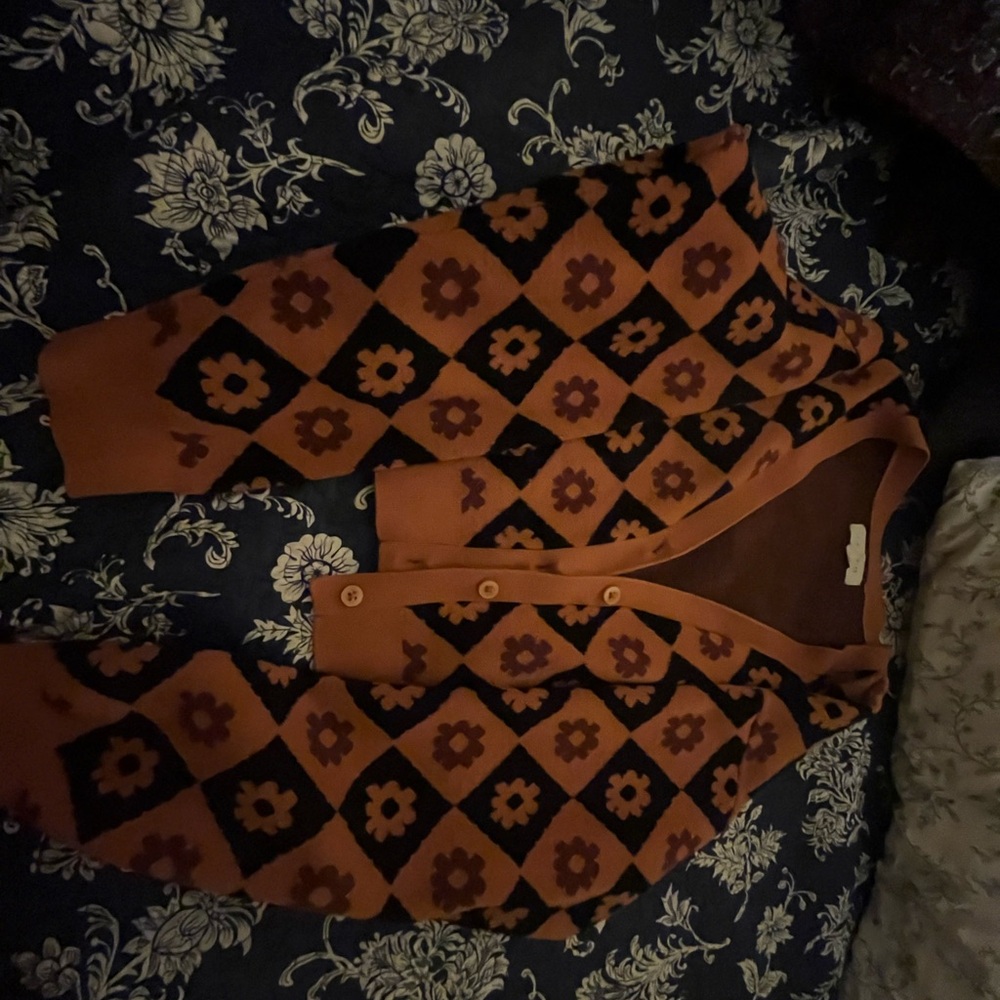 Vintage Orange and Black Floral Cardigan